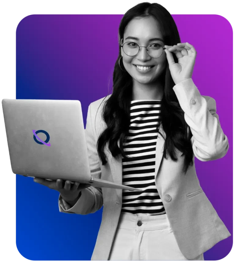 lady with glasses holding iquasar laptop in one hand
